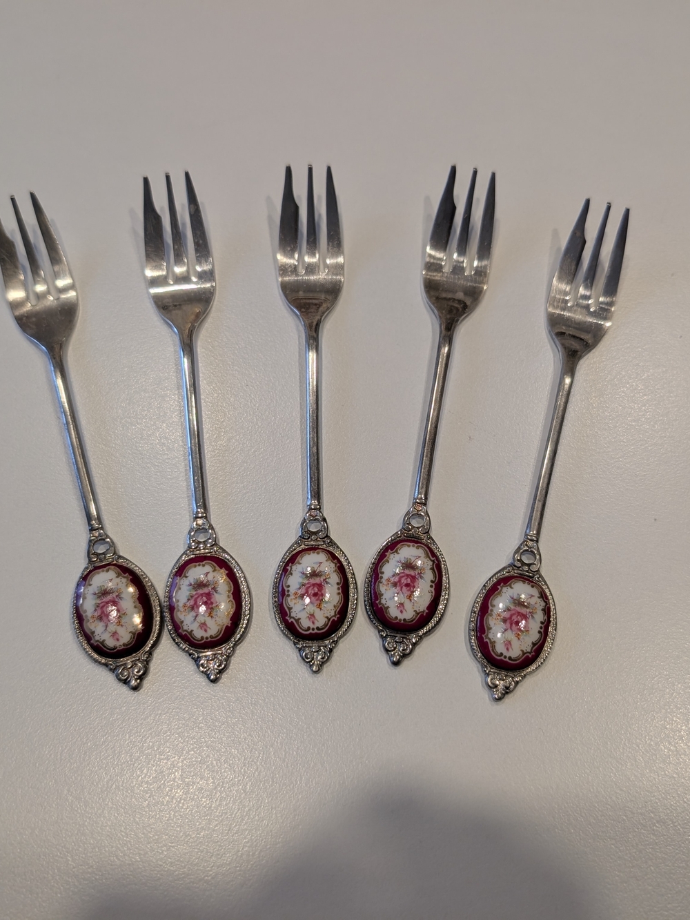 Vintage Floral Porcelain Handle Dessert Forks - Pink and Silver (Set of 5)